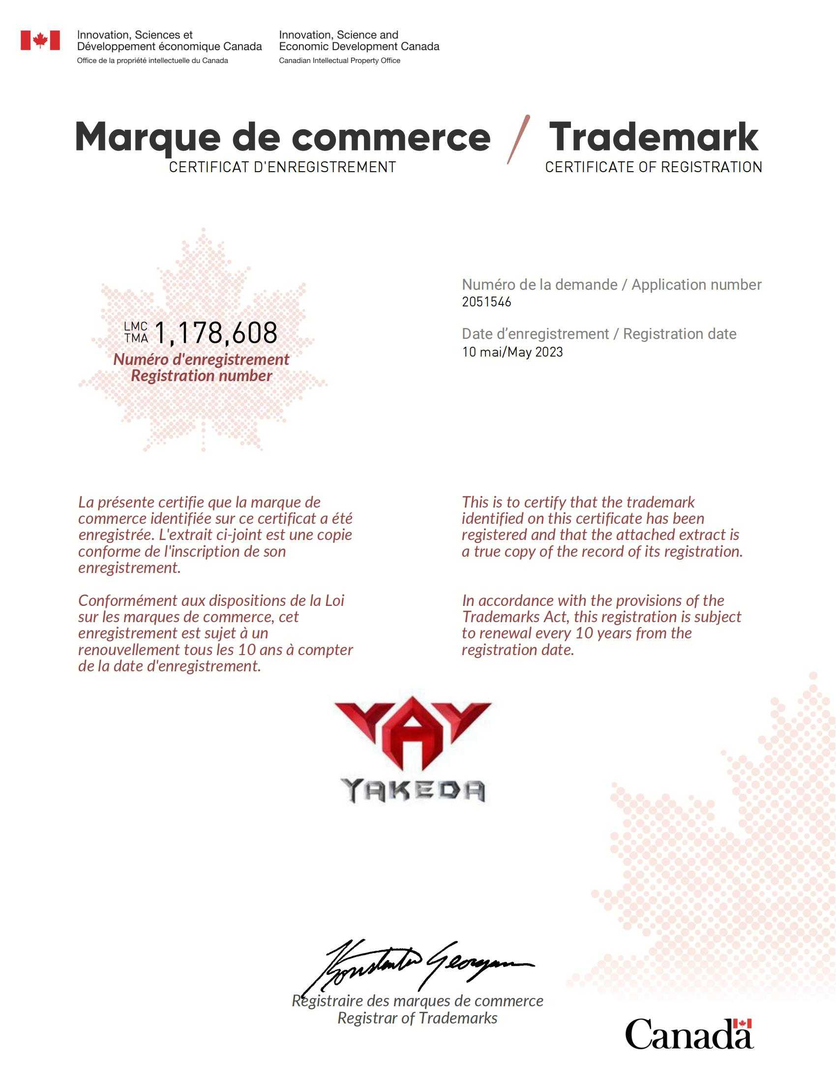 Certificado de marca de Canadá
